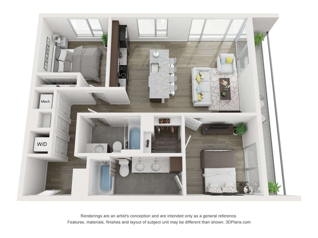 B3 Floor plan of South Falls Tower’s two bedroom Manchester apartment